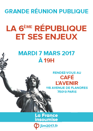 Affiche de la réunion publique à Paris 19e le 7 mars 2017